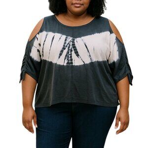 Pinkish Plus Size 2X Tie-Dye Top Black & White Boho Loose-Fit Wide Sleeves